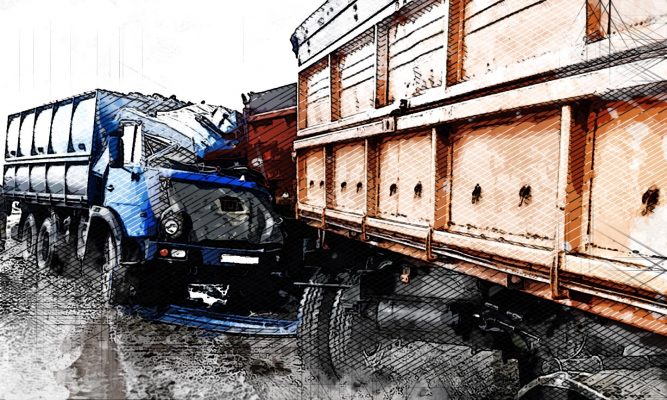 Под Орлом в непролазной грязи не смогли разъехаться два большегруза