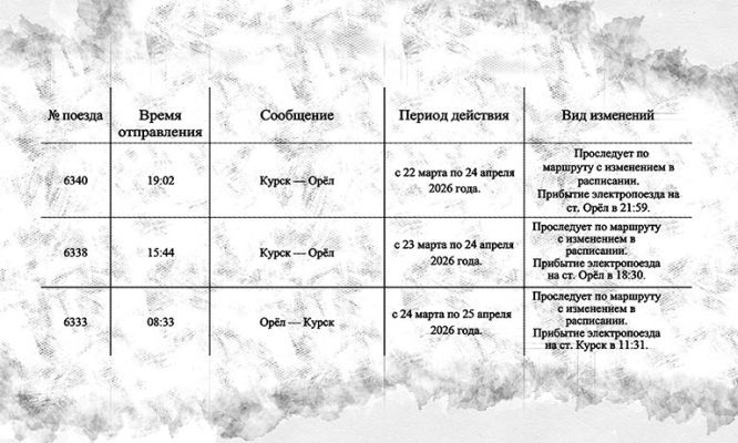Расписание электричек между Орлом и Курском из-за ремонта изменится